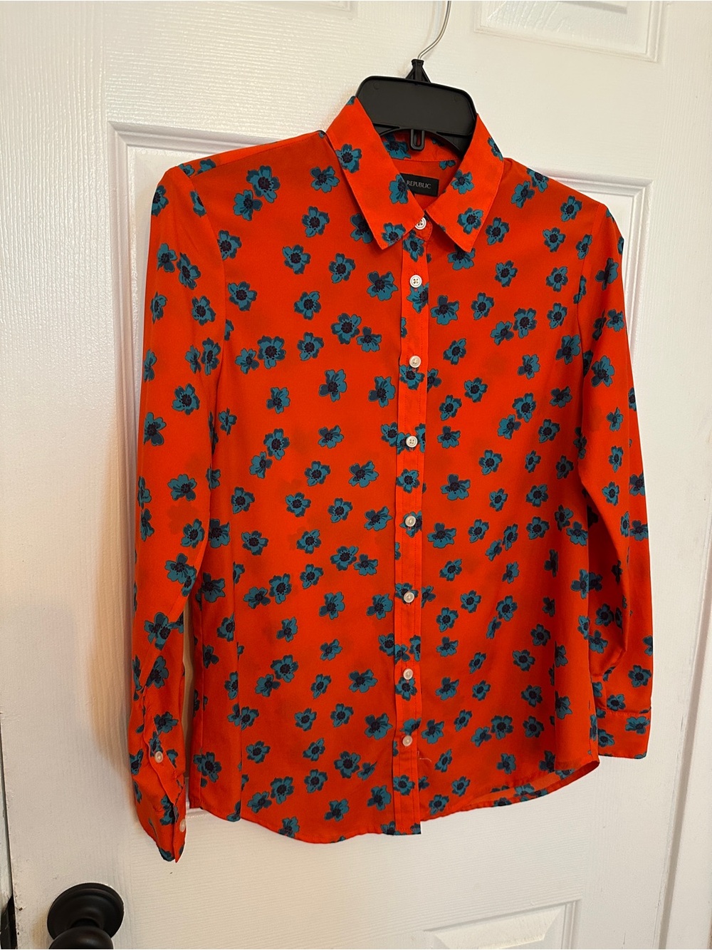 Banana Republic Bright Orange Button-Down with Blue Floral Print